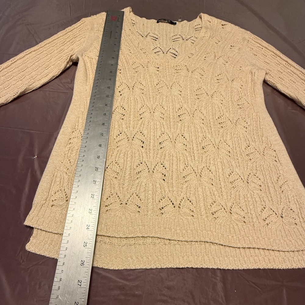 NIC+ZOE Cream V-Neck Open-weave Cable Knot Crochet 3/4 Sleeve Sweater Small - Picture 4 of 9